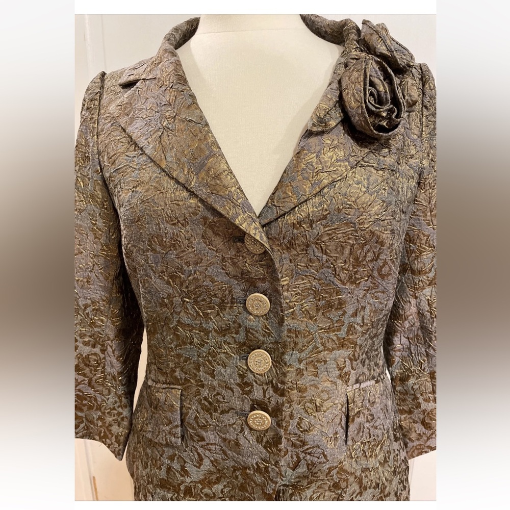 TERI JON Skirt Suit 6 Gold Foil Textured Silk Jacquard Rhinestone Bronze Blazer